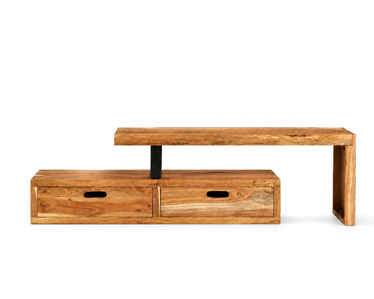 Meuble TV extensible en bois d'acacia en position repliée, 118 cm