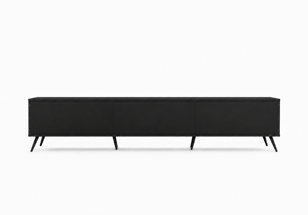 Meuble TV noir mat, vue rapprochée des pieds métalliques inclinés