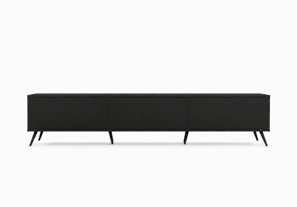 Meuble TV noir mat, vue rapprochée des pieds métalliques inclinés