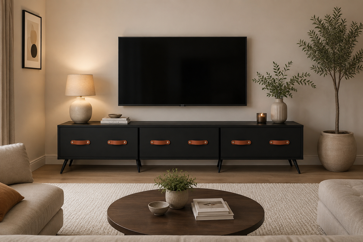 Meuble TV noir mat 150 cm avec pieds métal inclinés, vue de face