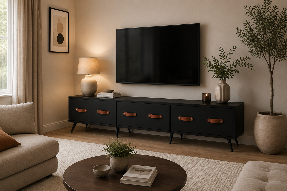 Meuble TV noir mat, vue d'ensemble avec poignées effet cuir marron
