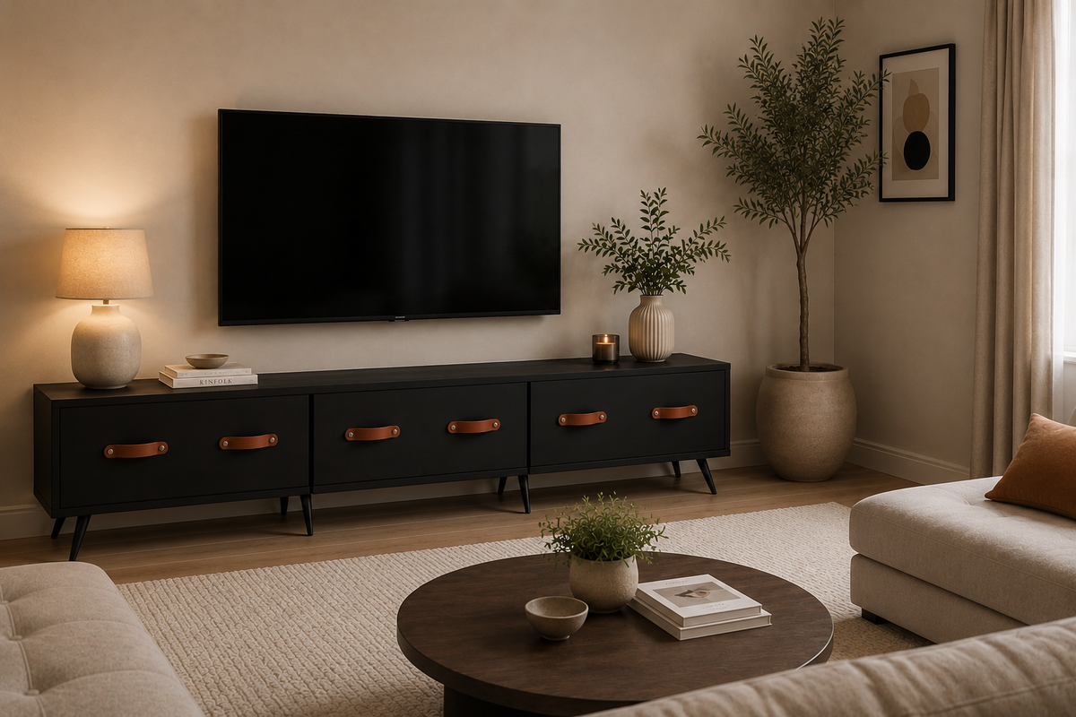 Détail des tiroirs et poignées cuir du meuble TV noir mat