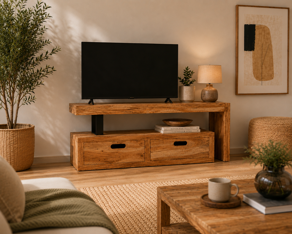 Meuble TV en acacia clair, vue d'ensemble avec module coulissant