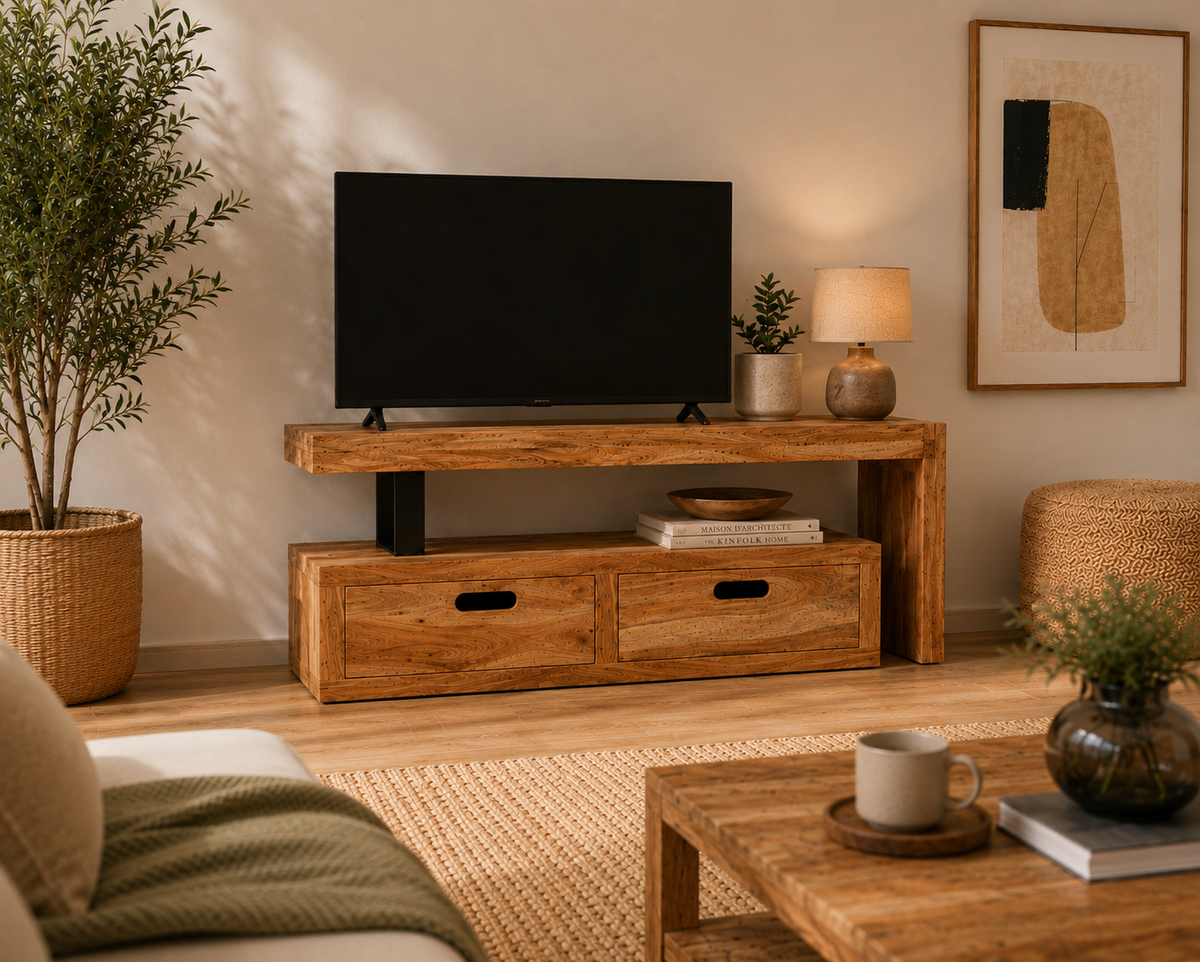 Meuble TV en acacia clair, vue d'ensemble avec module coulissant