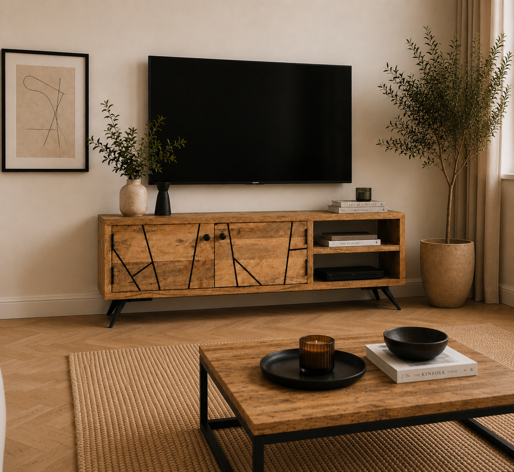 Détail des motifs noirs et des pieds métal du meuble TV en manguier blanchi