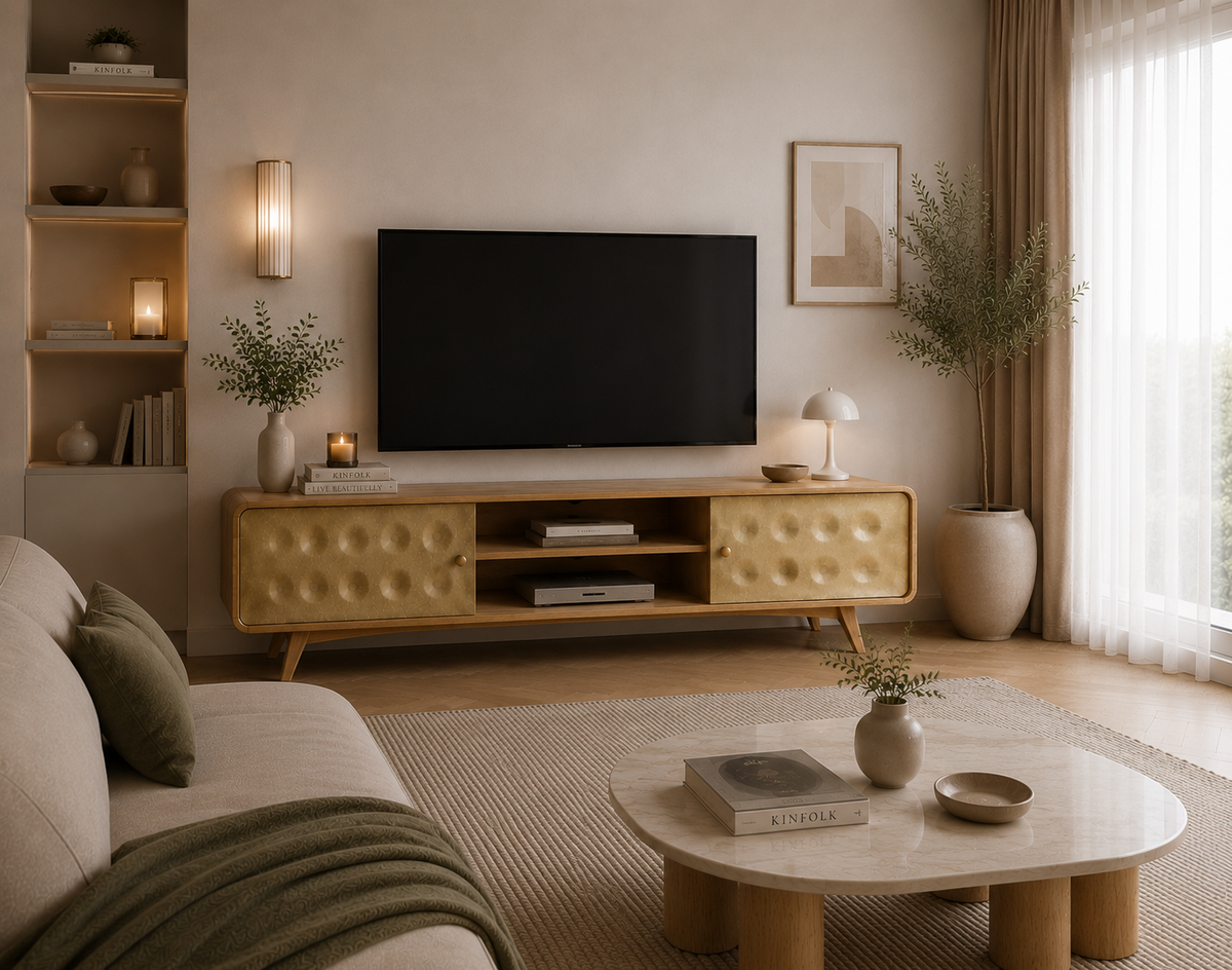 Meuble TV 120 cm rétro en manguier, vue d'ensemble dans un salon