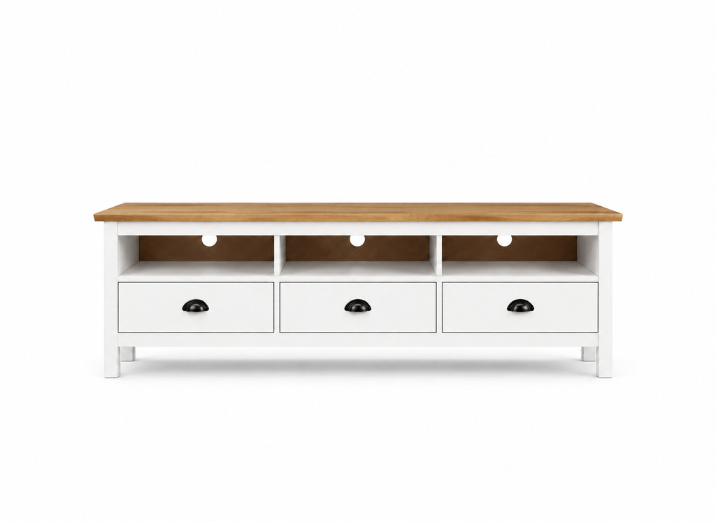 Meuble TV blanc avec niches ouvertes pour box internet et console