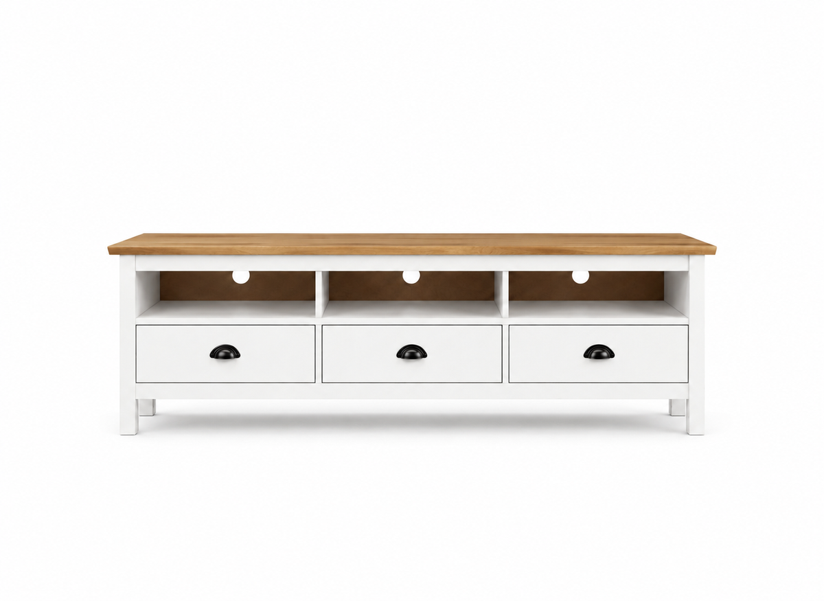 Meuble TV blanc avec niches ouvertes pour box internet et console