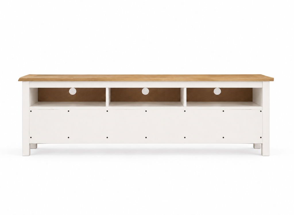 Meuble TV blanc en bois de pin, vue rapprochée du plateau naturel