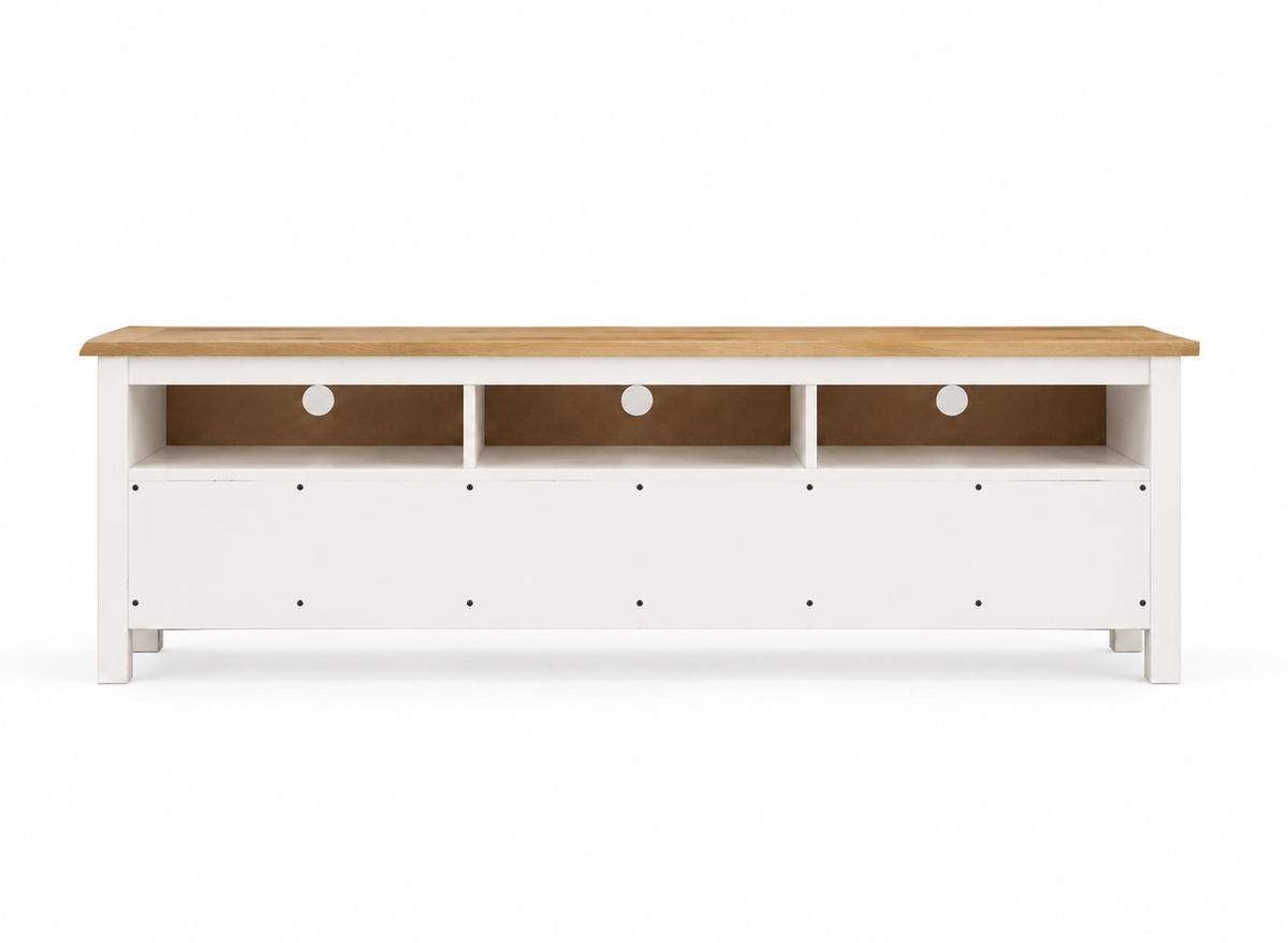 Meuble TV blanc en bois de pin, vue rapprochée du plateau naturel