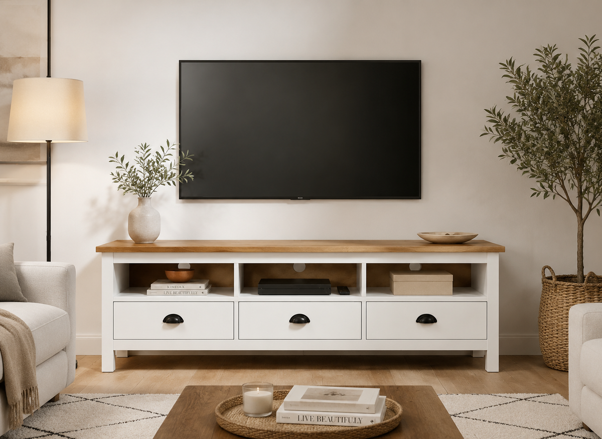 Meuble TV blanc en bois de pin avec poignées noires, vue de face dans un salon