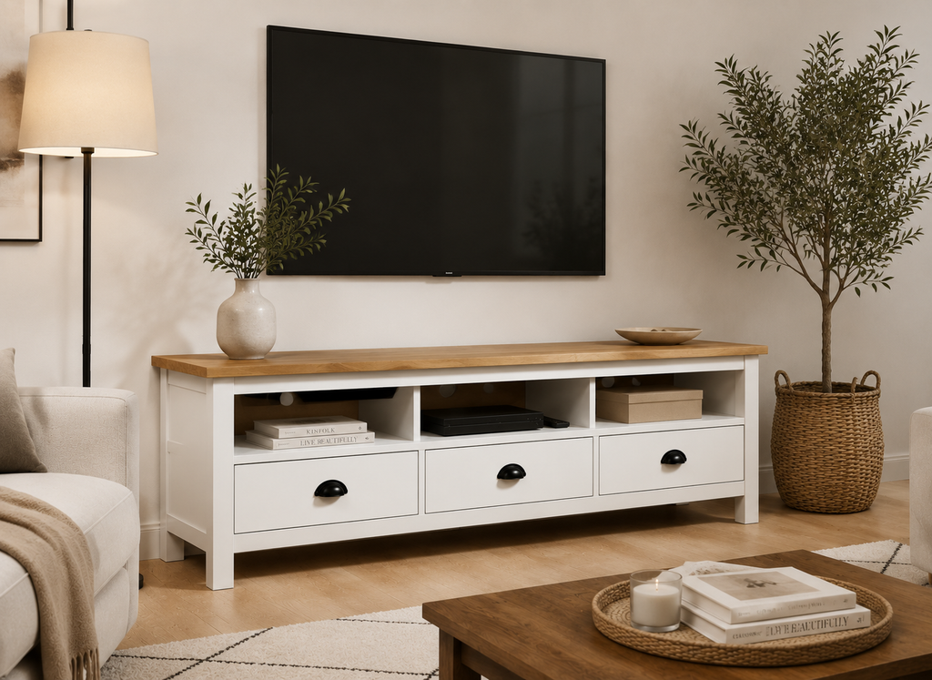 Meuble TV blanc 158 cm avec plateau en bois de pin naturel, vue d'ensemble