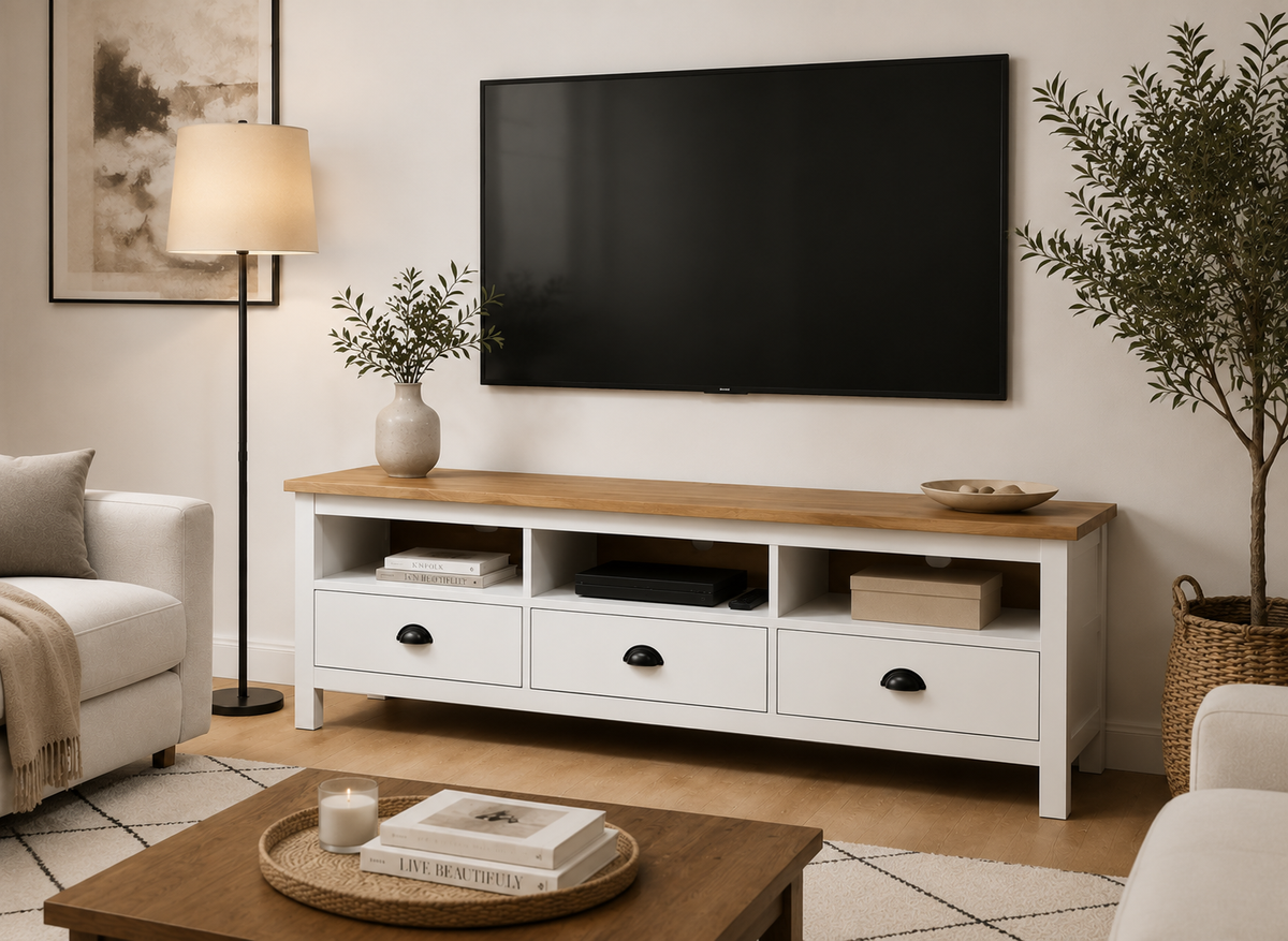 Détail des poignées noires et tiroirs du meuble TV blanc en bois de pin