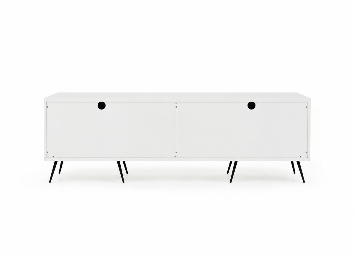 Meuble TV blanc laqué, vue rapprochée des pieds en métal noir
