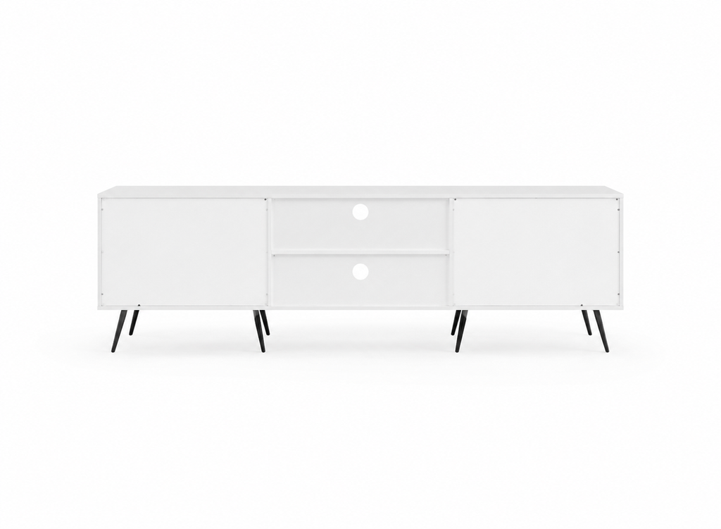 Meuble TV blanc effet chêne, vue rapprochée des poignées bois clair