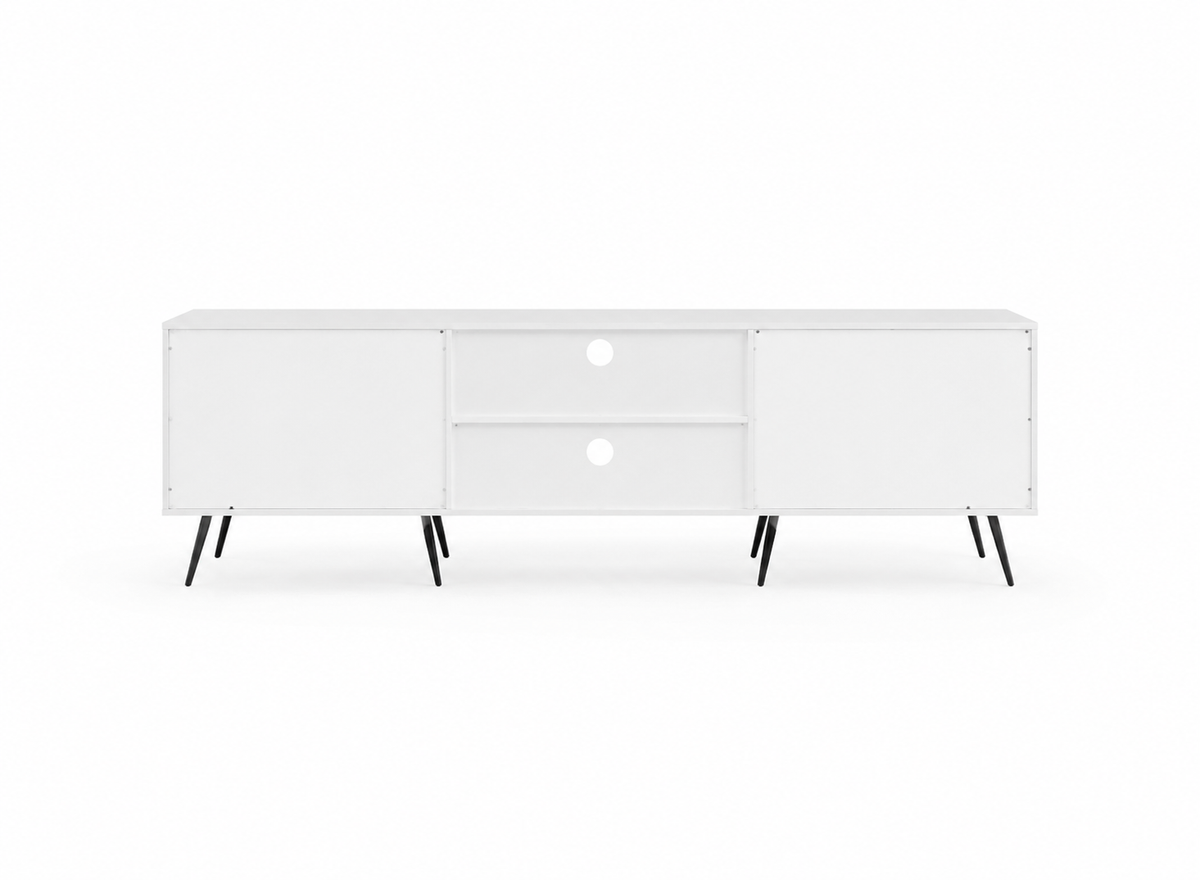 Meuble TV blanc effet chêne, vue rapprochée des poignées bois clair