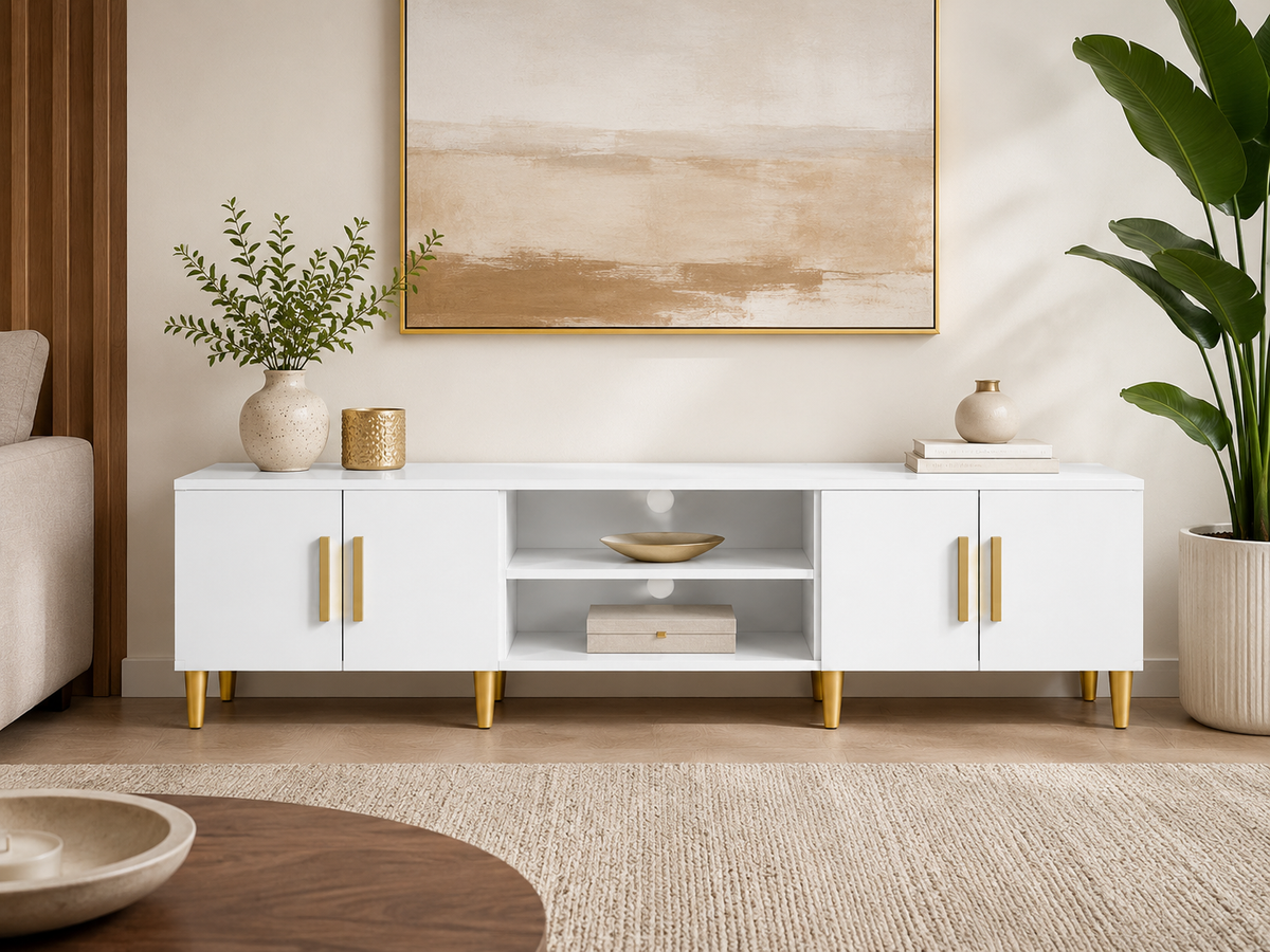 Meuble TV blanc design effet chêne 180 cm, vue de face dans un salon