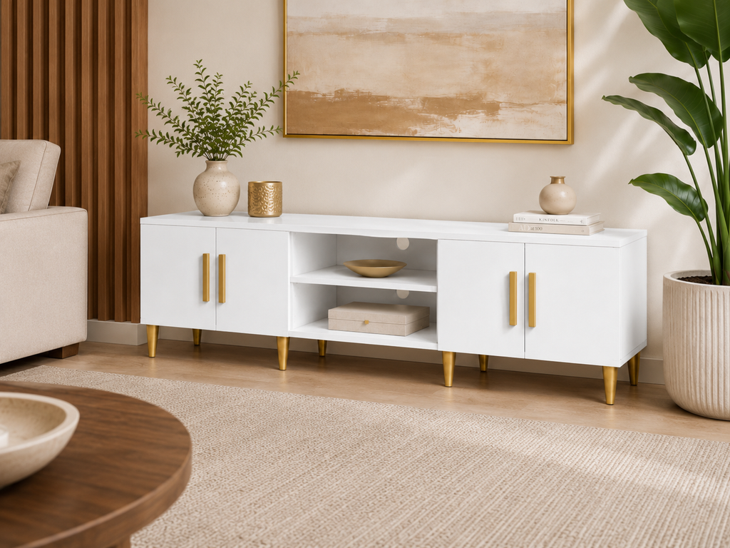 Détail des niches ouvertes et portes fermées du meuble TV blanc effet chêne