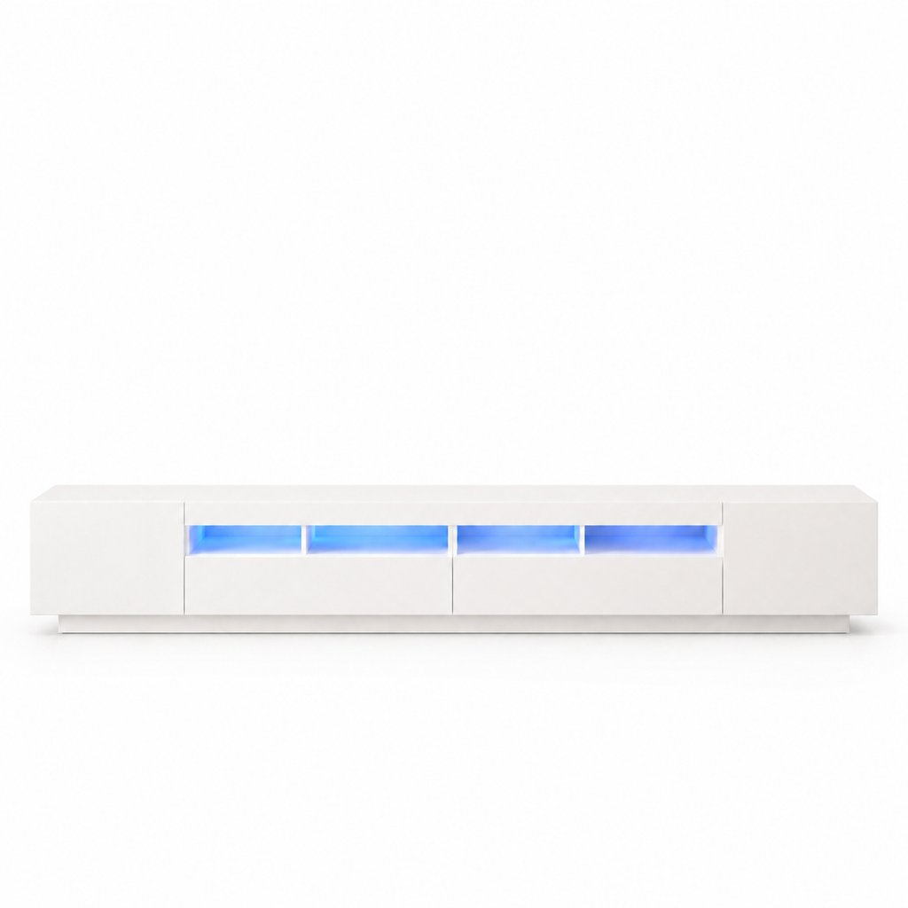 Meuble TV blanc 260 cm en situation avec grand téléviseur
