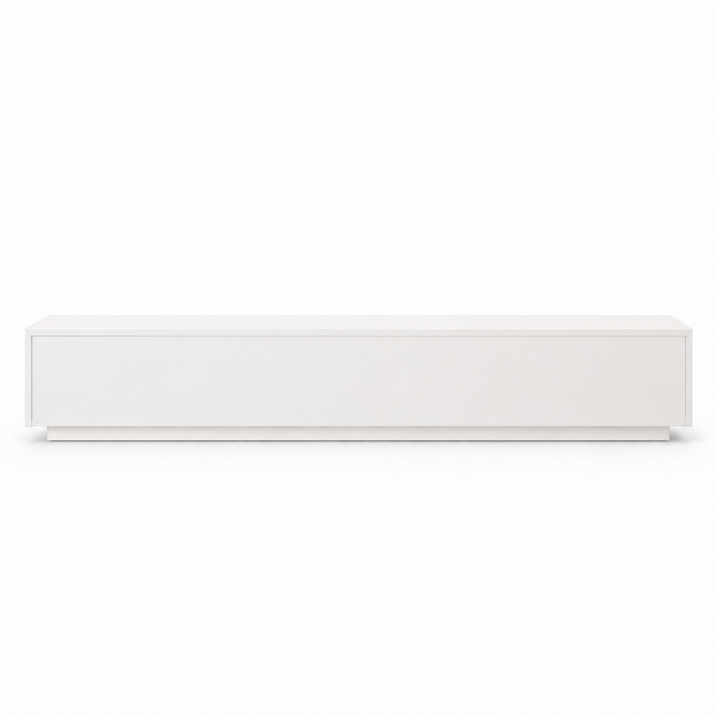 Meuble TV blanc avec LED, vue rapprochée des modules séparables