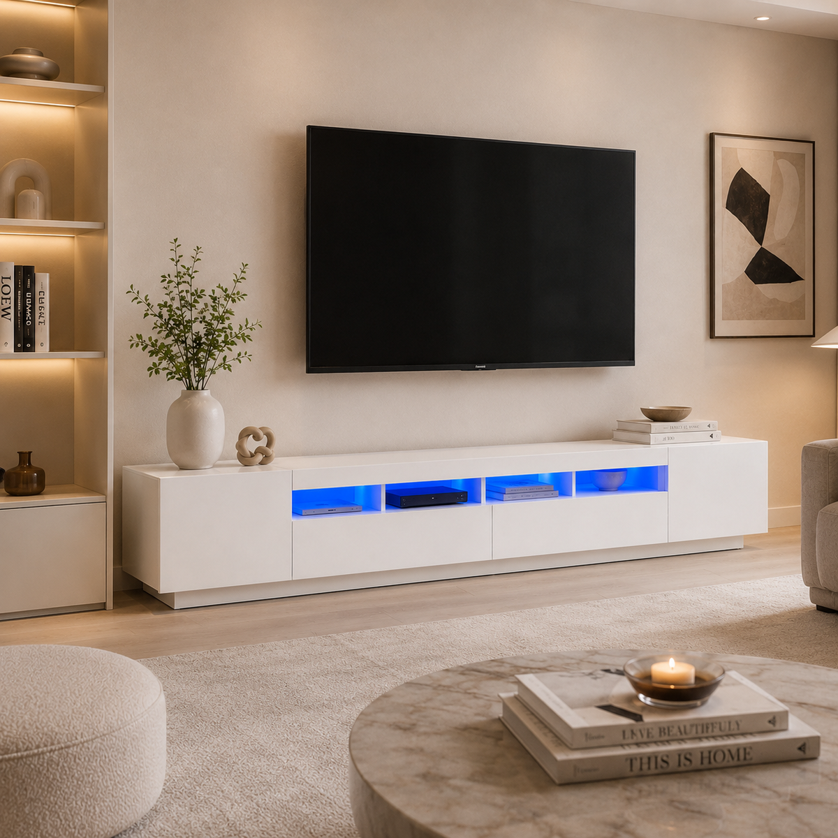 Meuble TV blanc laqué avec ruban LED allumé le soir dans un salon