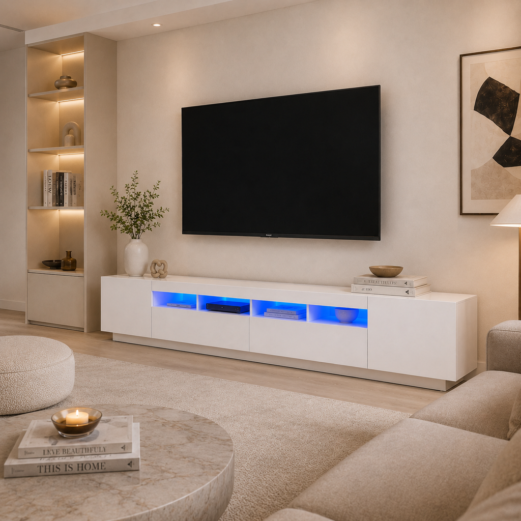 Détail de la ligne LED sous le meuble TV blanc 260 cm