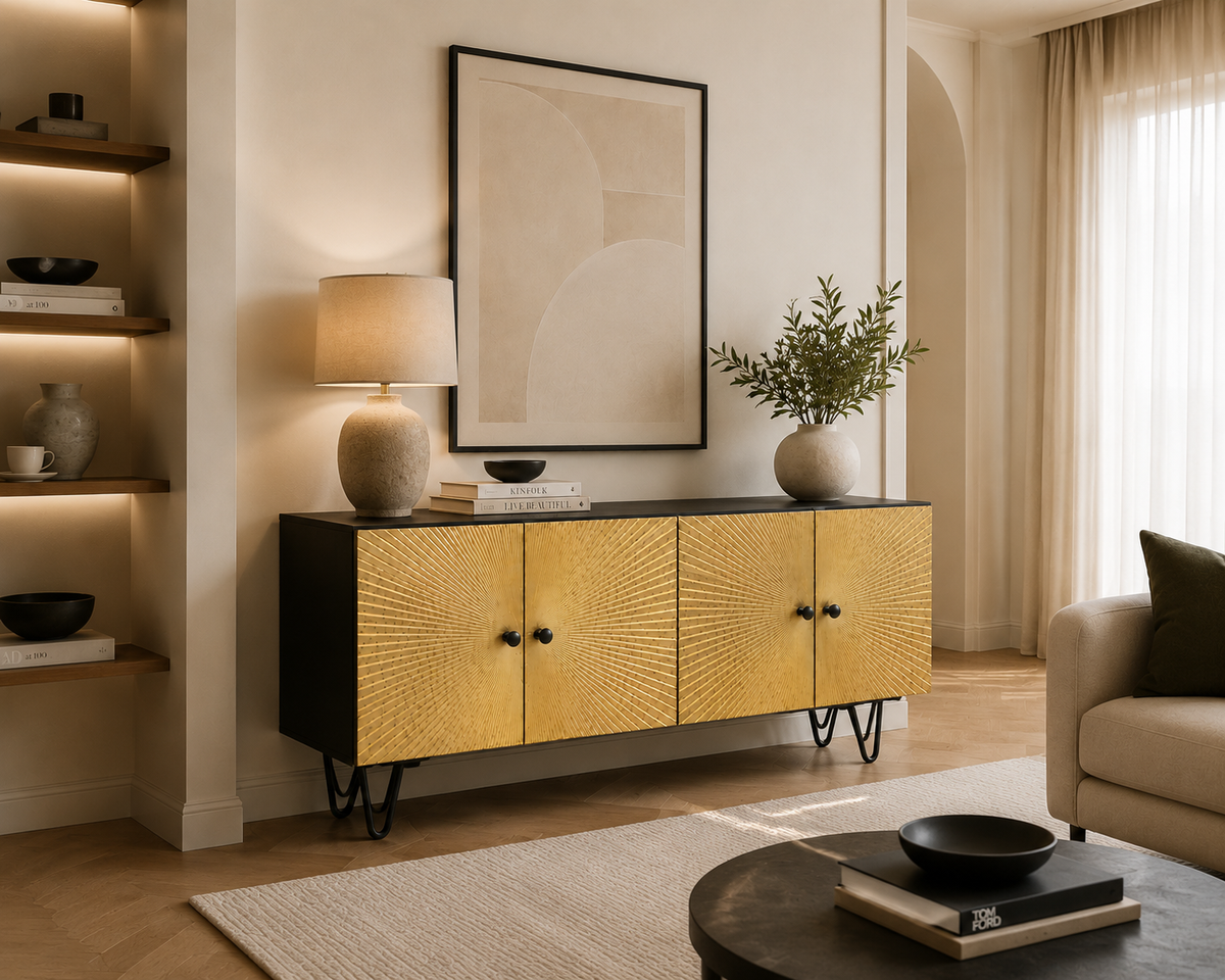 Meuble TV noir 110 cm à motifs dorés, vue d'ensemble dans un salon