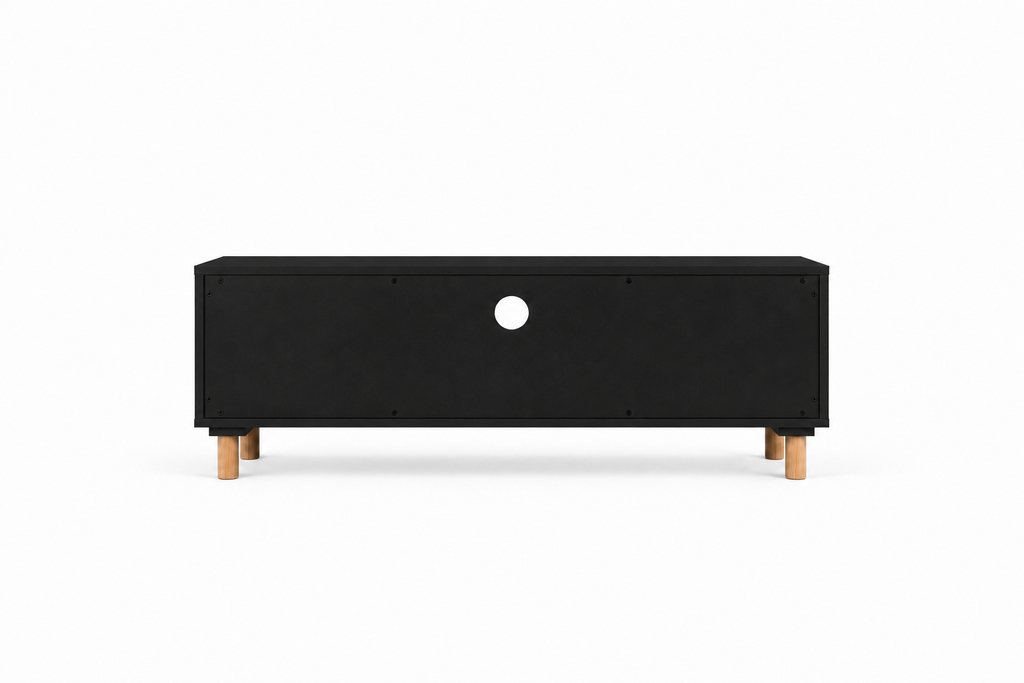 Meuble TV noir en bois et rotin, vue rapprochée des niches ouvertes