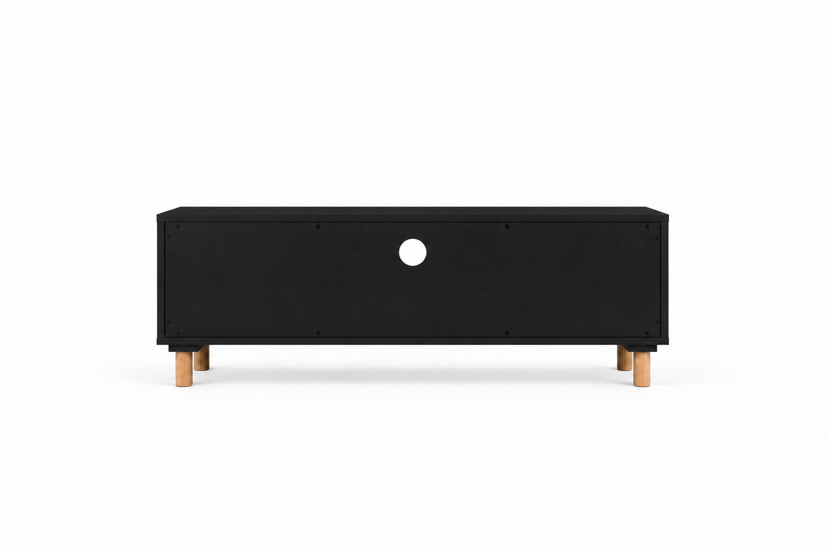 Meuble TV noir en bois et rotin, vue rapprochée des niches ouvertes