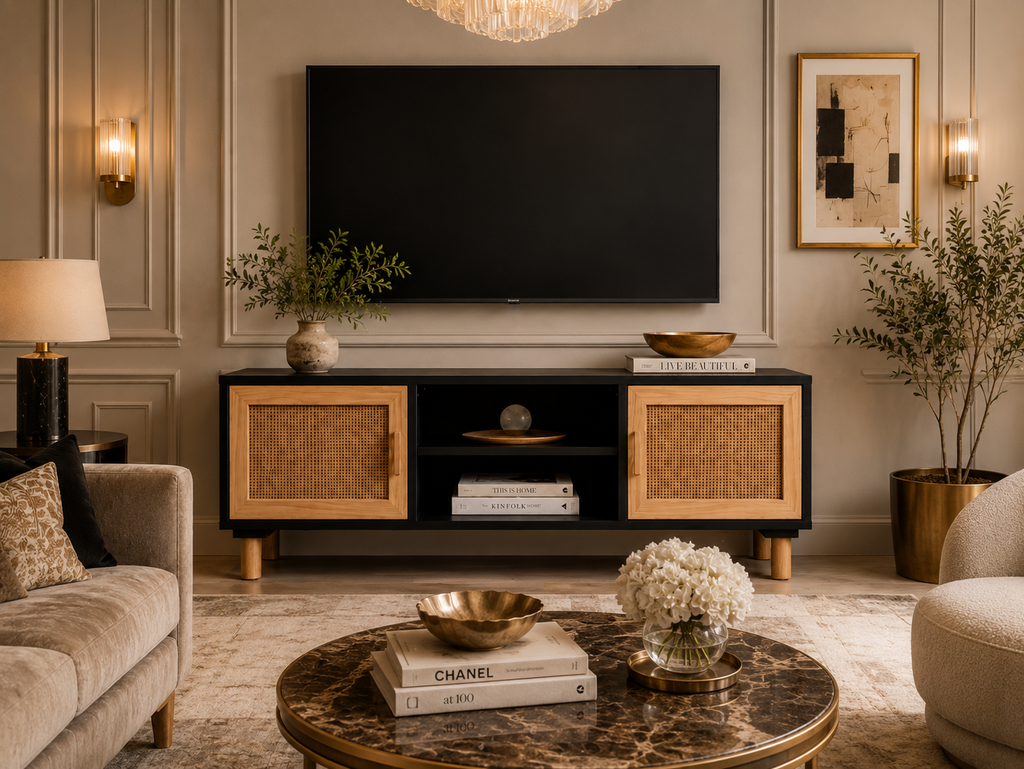 Meuble TV noir mat avec portes en cannage de rotin naturel, vue de face