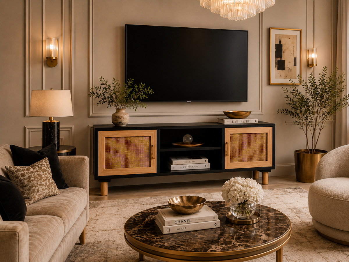 Meuble TV 105 cm noir et rotin, vue d'ensemble dans un salon