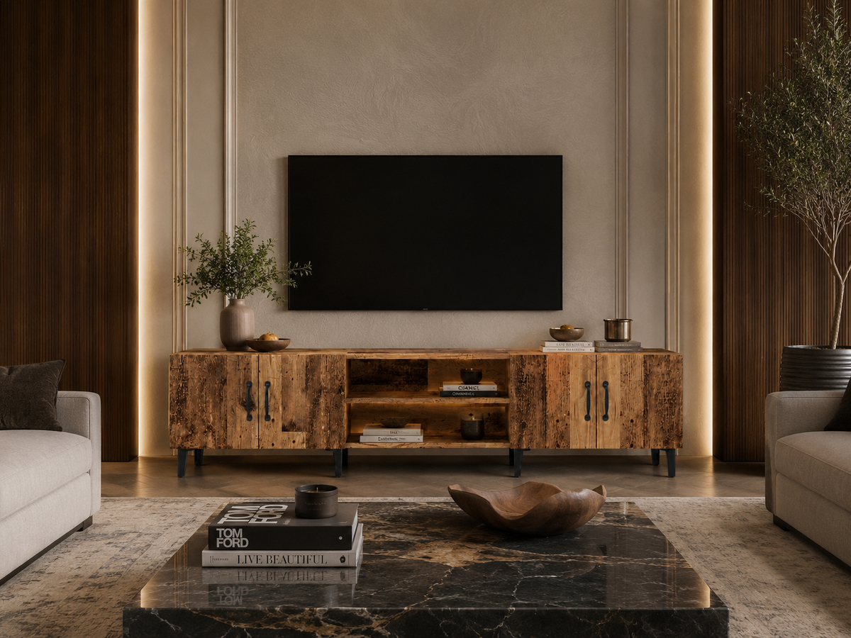 Meuble TV industriel en bois teinte marron 180 cm avec pieds métal, vue de face