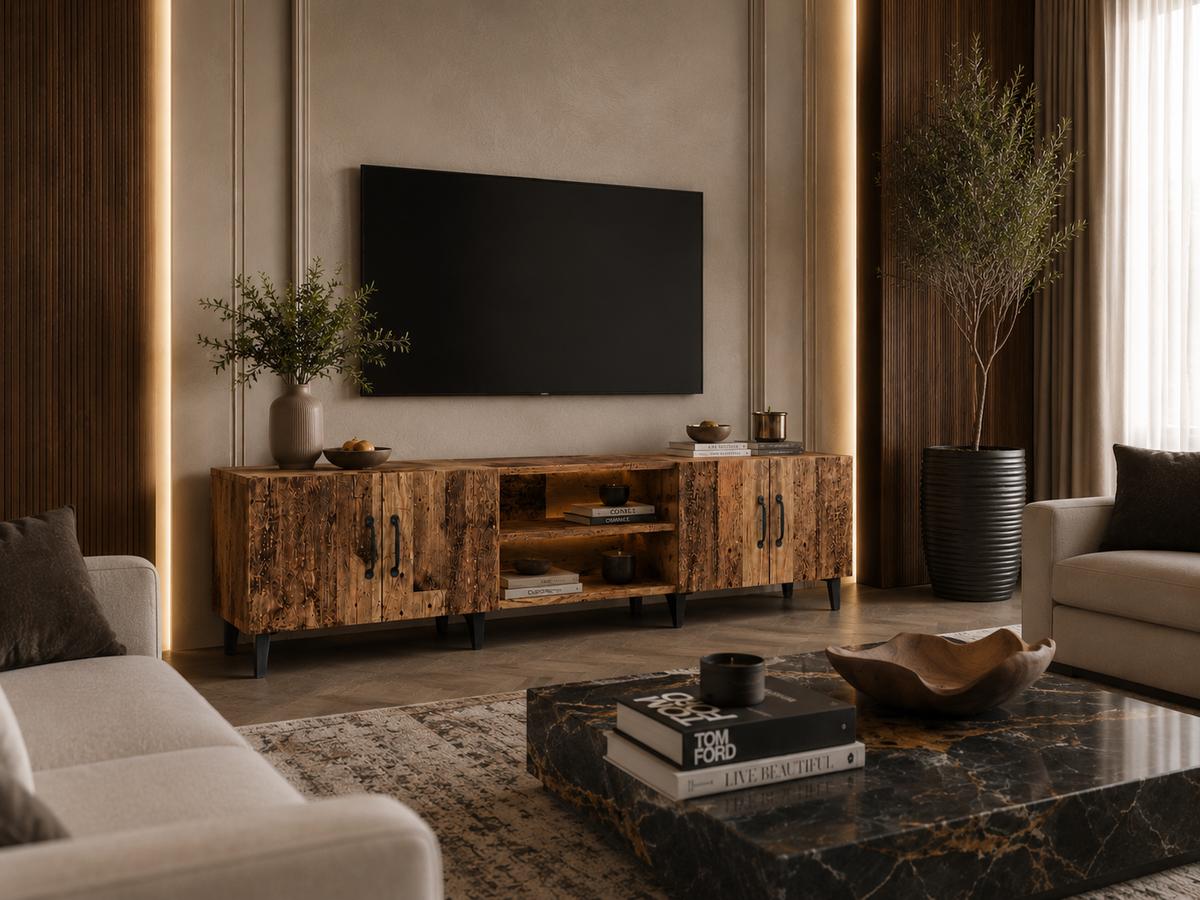 Meuble TV teinte marron, vue d'ensemble avec portes et niches ouvertes