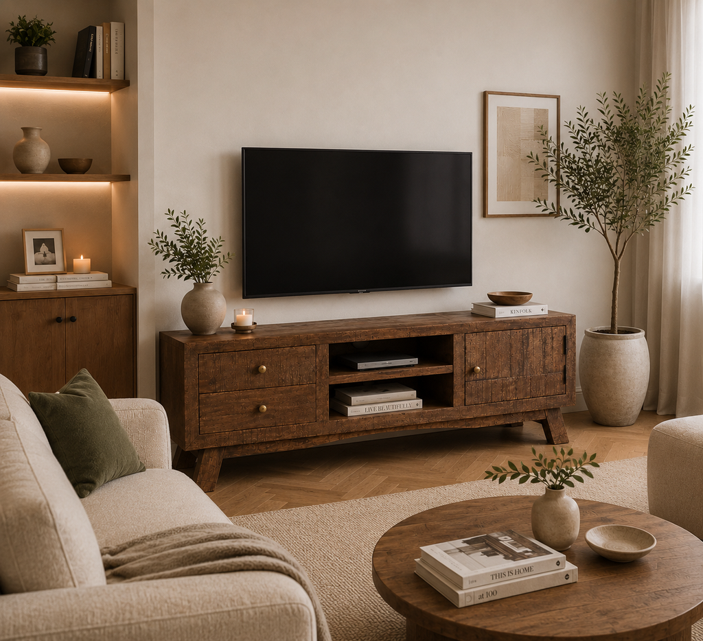 Meuble TV 110 cm en bois de manguier naturel, vue d'ensemble dans un salon