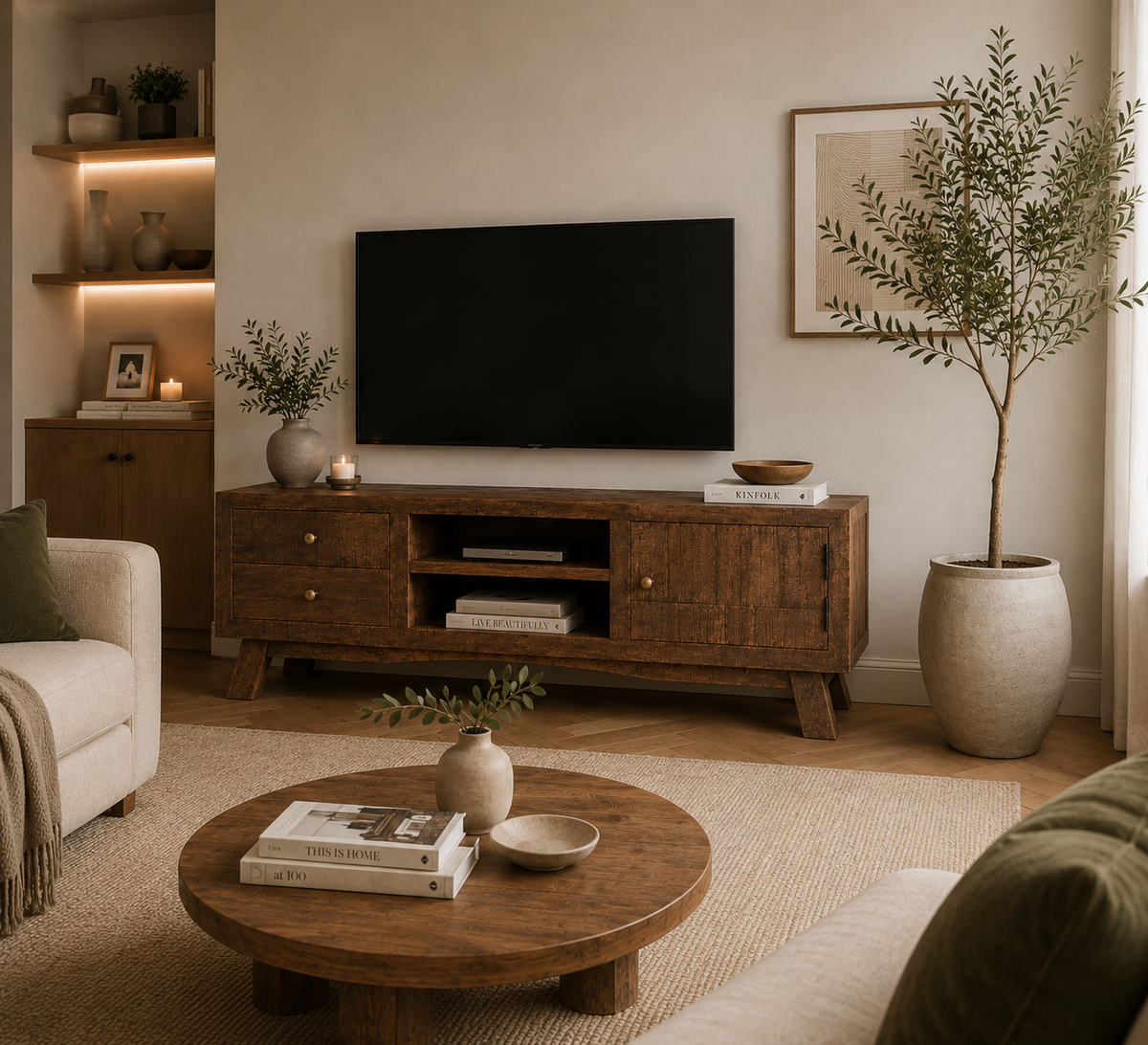 Détail des tiroirs et de la porte du meuble TV en bois de manguier naturel