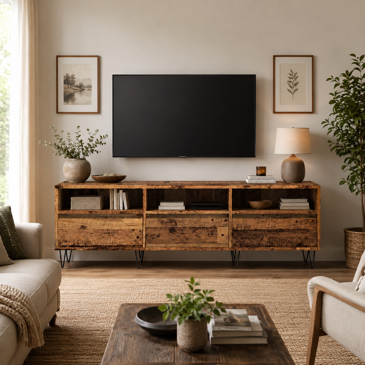 Meuble TV industriel 150 cm effet vieux bois avec pieds métal, vue de face