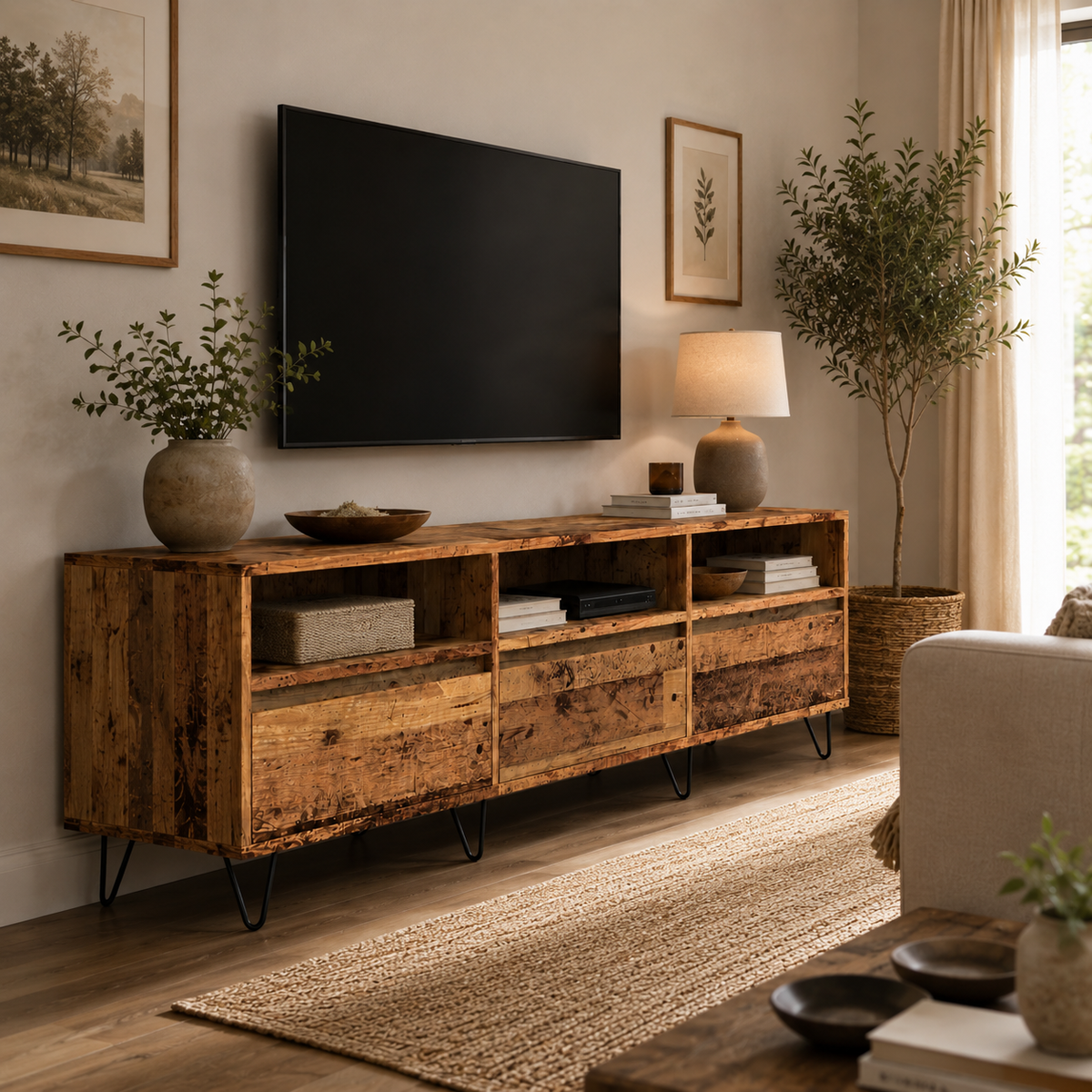 Meuble TV effet vieux bois, vue d'ensemble avec six compartiments ouverts