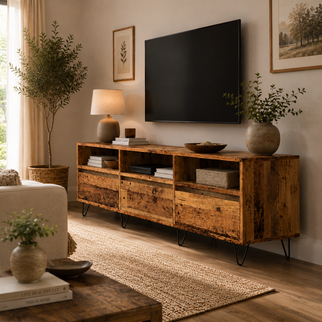 Détail des pieds en métal noir du meuble TV industriel effet vieux bois