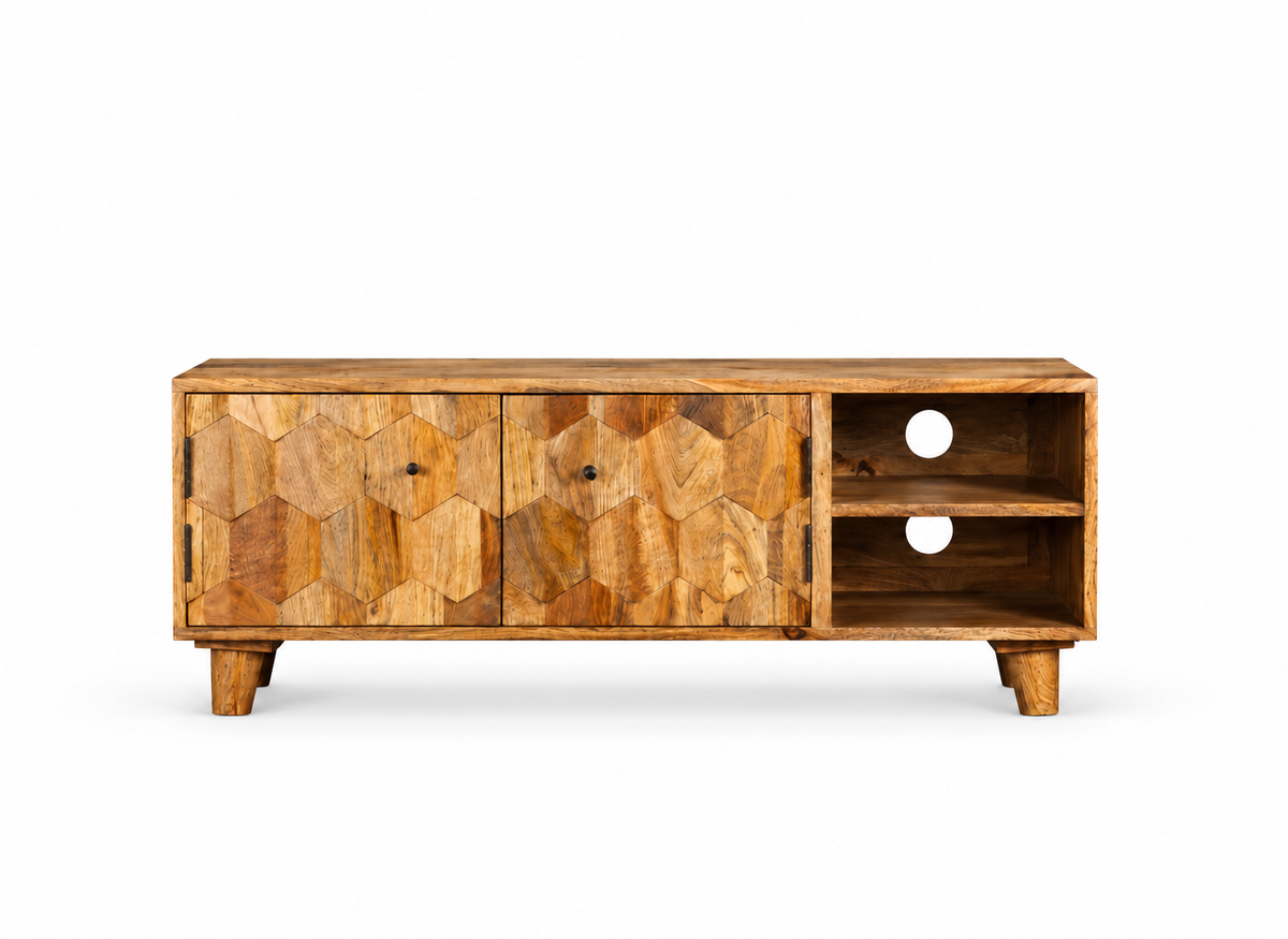 Meuble TV en bois de manguier avec niches ouvertes et passe-câbles