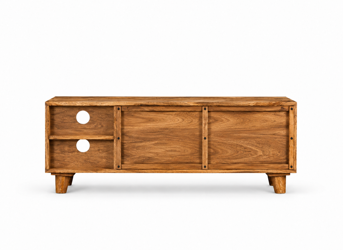 Meuble TV chic en bois de manguier 118 cm, vue rapprochée du plateau