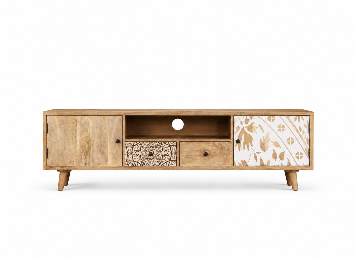 Meuble TV en bois de manguier avec niche centrale et passe-câble