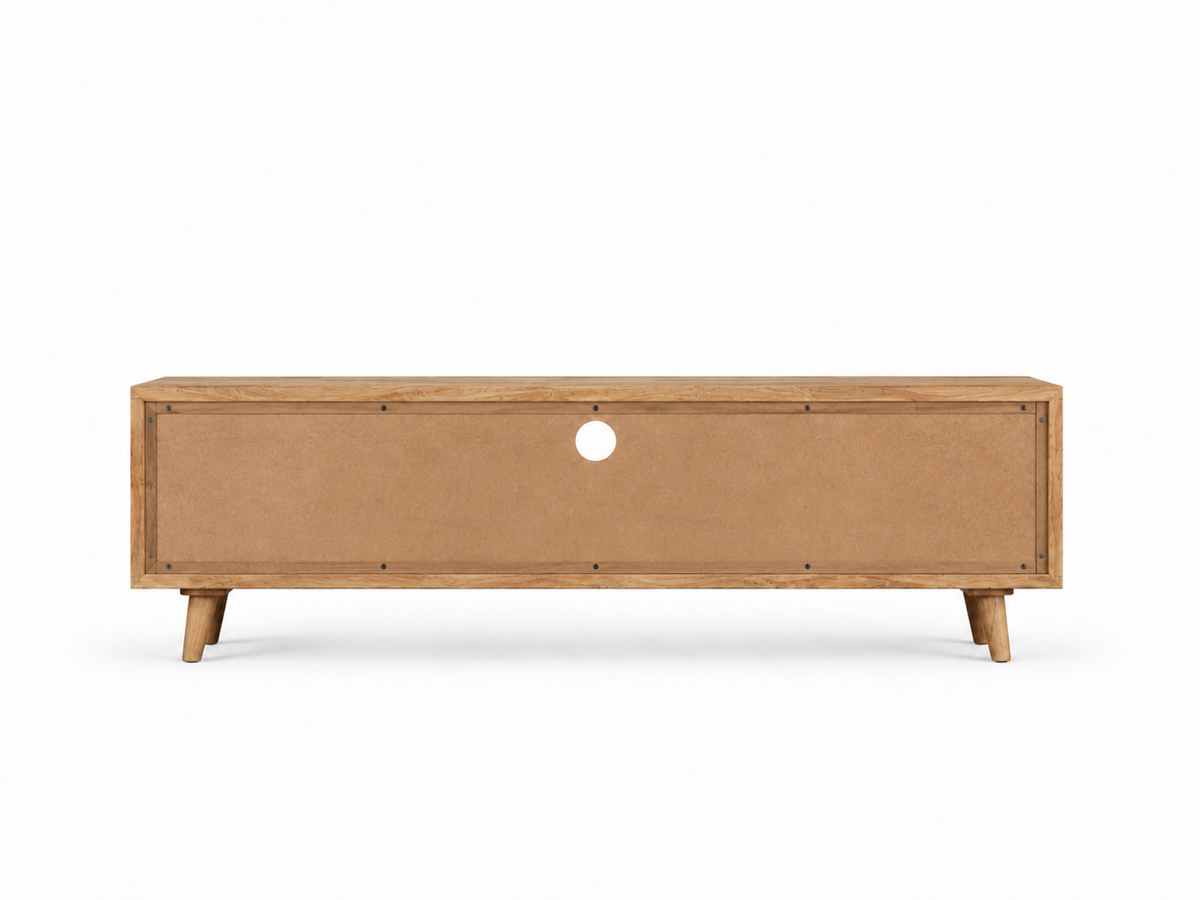 Meuble TV chic en bois de manguier, vue rapprochée des motifs floraux