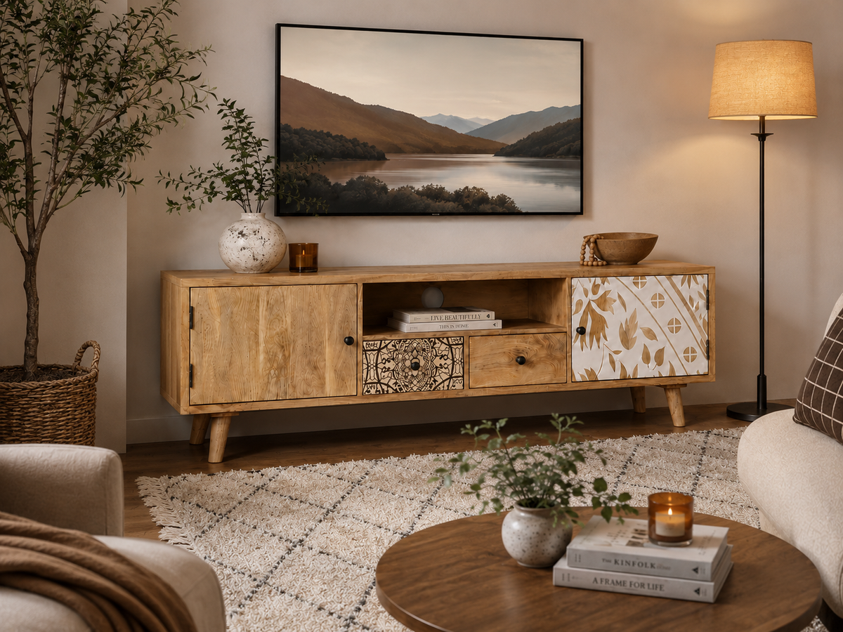 Meuble TV 140 cm en bois de manguier à motifs floraux, vue d'ensemble