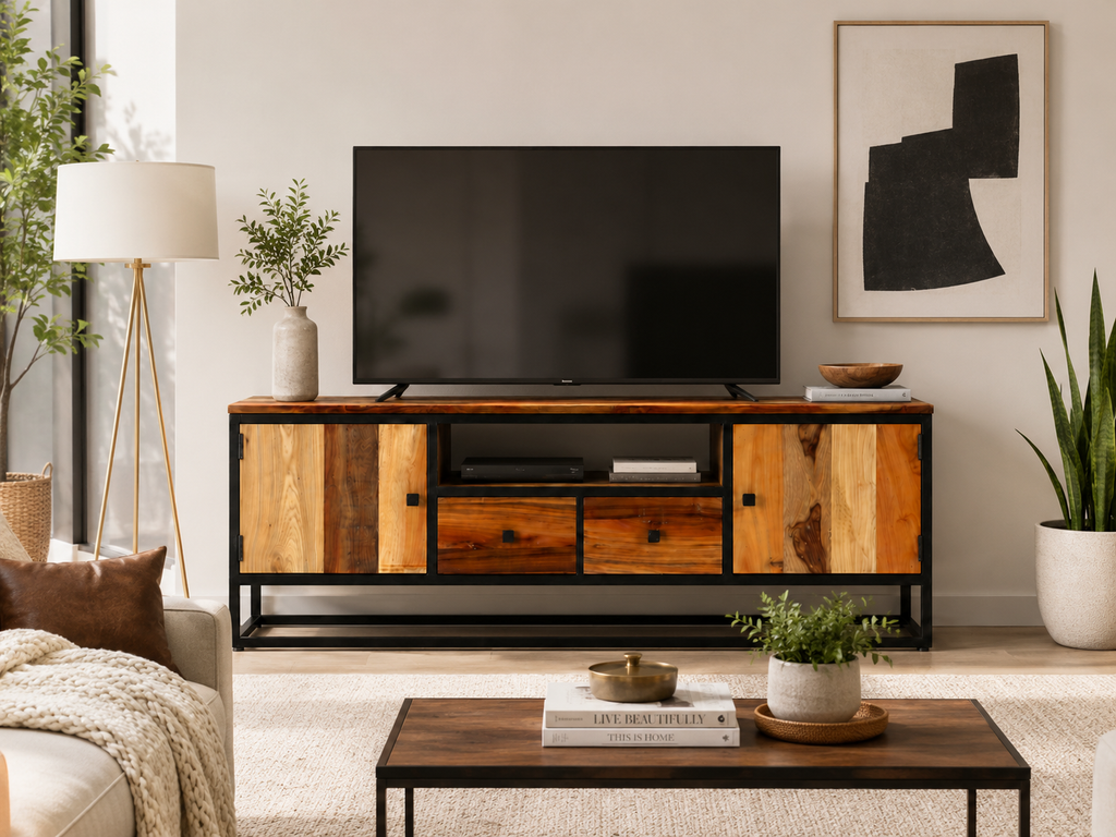 Meuble TV industriel en bois de récupération avec structure acier noir, vue de face
