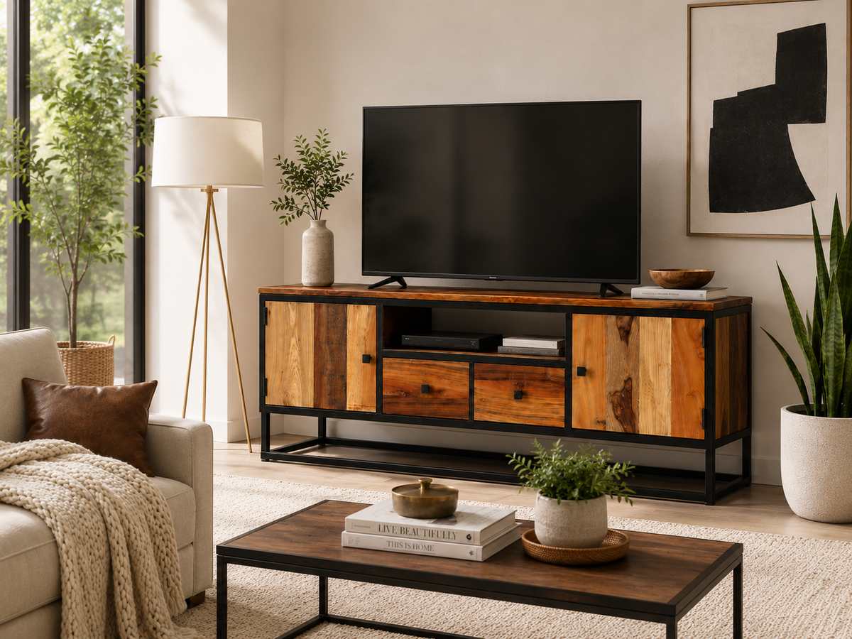 Meuble TV 120 cm en bois de récupération, vue d'ensemble dans un salon