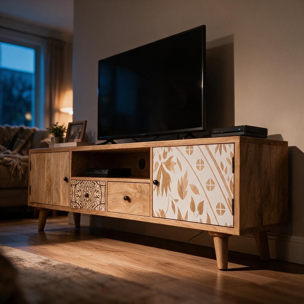 Meuble TV Chic en Bois de Manguier – Portes Motifs Floraux
