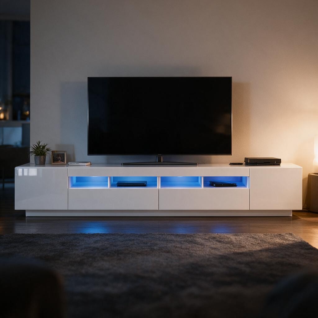 Meuble TV blanc 260 cm avec LED bleues allumées dans un salon, avec téléviseur