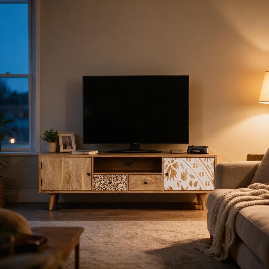 Meuble TV en bois de manguier à portes motifs floraux dans un salon, avec téléviseur