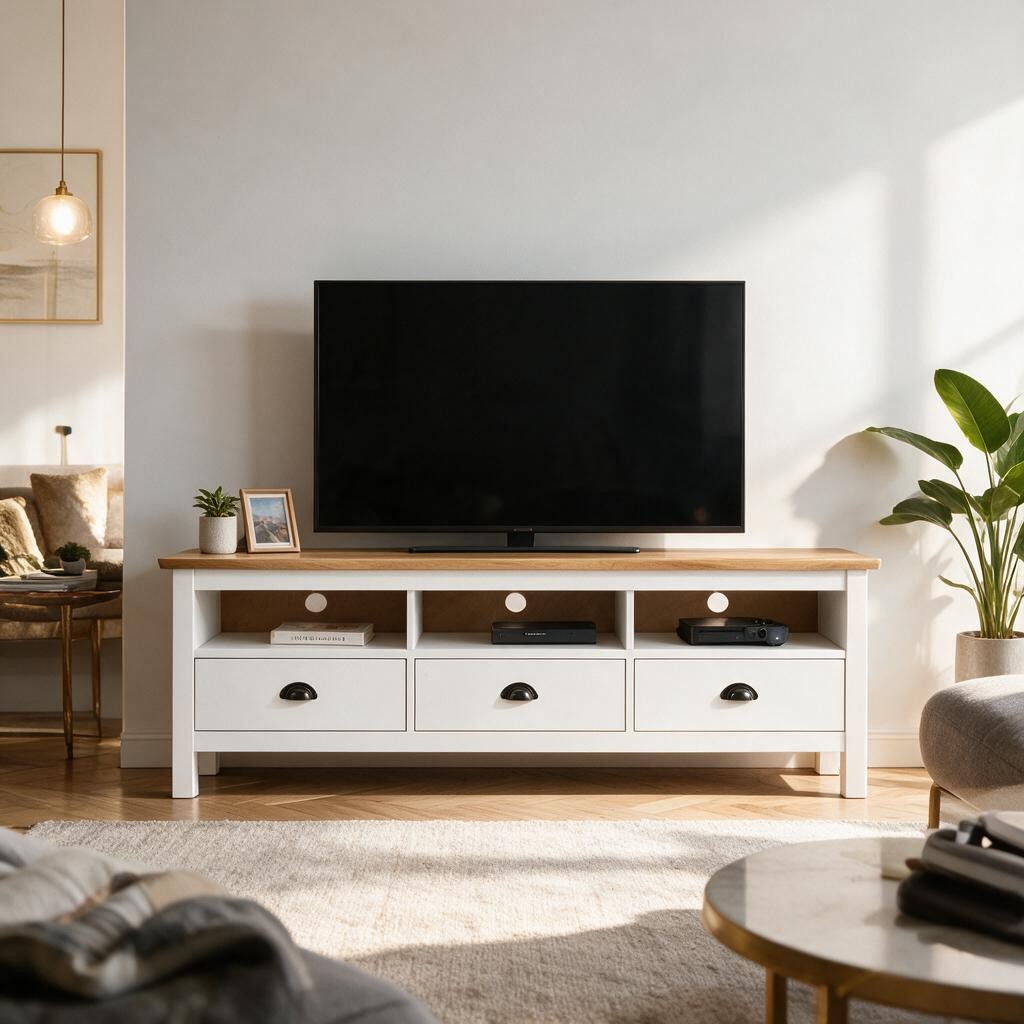 Meuble TV blanc en bois de pin à poignées noires dans un salon, avec téléviseur Image