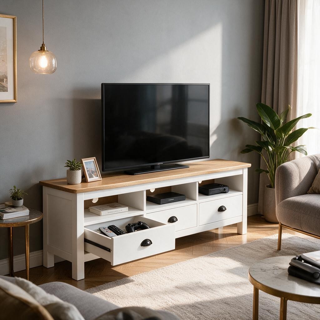 Meuble TV Blanc en Bois de Pin – Rangement Poignées Noires